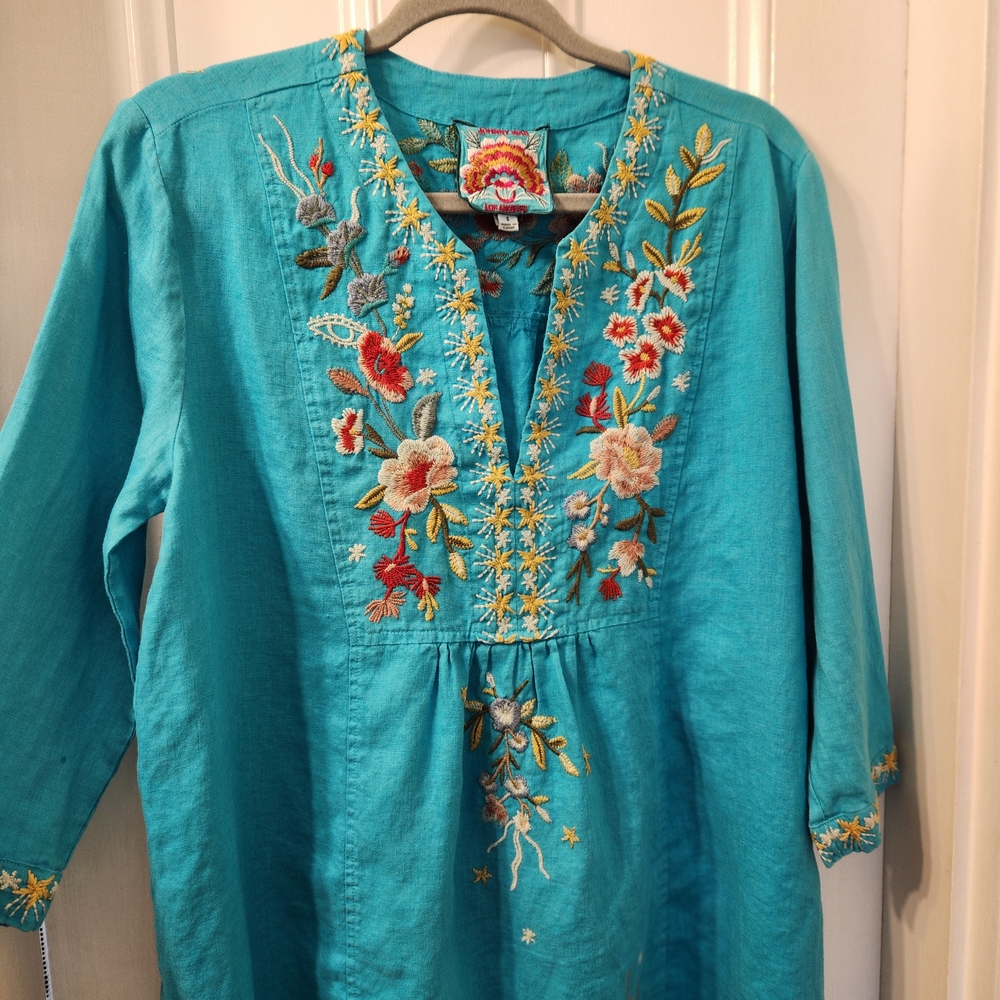 Johnny Was Teal Floral Embroidered Top